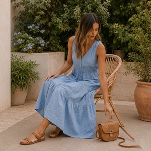 Vestido midi con cuello en V, sin mangas, corte en A, de algodón, informal, de verano, color liso, transpirable, ajuste holgado, cintura natural - Product Image 3