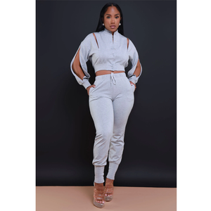Ensemble deux pièces gris pour femme, col mandarin, taille haute, tricoté, décontracté, style urbain, toutes saisons, couleur unie, manches bouffantes - Product Image 1