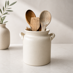 Handcrafted Ceramic Utensil Holder Matte Finish Double Handle Design High <b>Fired</b> Durable Heat Safe Kitchen Counter Organizer - Product Image 1