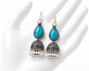 Factory Direct Oxidized <b>Silver</b> Turquoise Stone Pearl Jhumka <b>Earrings</b> Handmade Indian Ethnic <b>Dangle</b> Drop <b>Earrings</b> for Women - Product Image 2