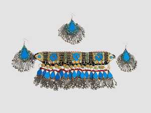Vibrant Afghan Tribal Necklace Set With Matching Earrings Featuring <b>Blue</b> Glass Inlays And Detailed Metal <b>Beads</b> For Complete - Product Image 1