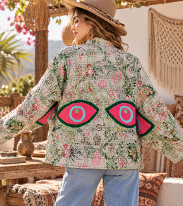 Veste Kantha brodée Suzani vert clair, manteau bohème floral fait main pour femme, manteau bohème pour femme avec broderie motif œil - Product Image 2
