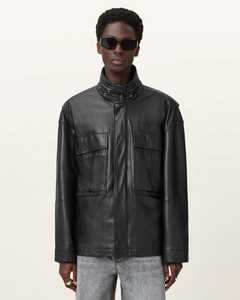 Veste en cuir véritable noire pour homme, col rabattu, fermeture éclair, coupe ample décontractée, pour l'automne - Product Image 5