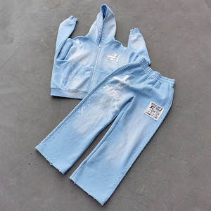 Conjunto de Dos Piezas con Apliques y Bordados Personalizados, Sudadera con Capucha de Algodón Grueso Lavado con Efecto Desgastado y Pantalones Deportivos de Doble Cintura - Product Image 5