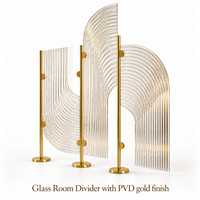 Paravent de séparation de pièce en verre translucide moderne, motif ondulé découpé au laser, cadre en acier inoxydable écologique, finition PVD or