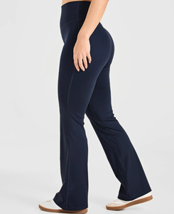High Waist <b>Flared</b> <b>Leggings</b> Women Solid Navy Blue Knitted Spandex Nylon Full Length Stretchy Yoga Pants All Seasons Style - Product Image 2