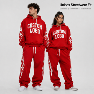 Chándal con capucha rojo liso de corte regular para unisex, 100% algodón, con estampado de letras, lavado ácido, talla grande, para hombre, al por mayor - Product Image 3