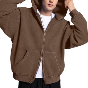 Sweat à capuche zippé marron pour homme, coupe ample, avec poches, style streetwear décontracté, vêtement d'extérieur, qualité supérieure, OEM, collection 2026 - Product Image 6