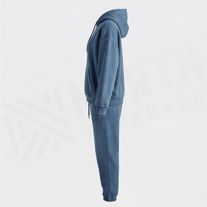 Ensemble sweat à capuche 2 pièces pour femme, bleu uni, en polaire, coupe décontractée, toutes saisons, pour le quotidien, avec pantalon de jogging à poches - Product Image 3