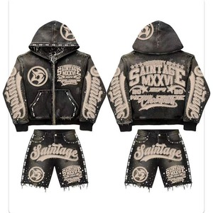 Conjunto de Sudadera con Capucha de Invierno Estampada, Estilo Vintage, Bordada, con Cordón Ajustable, 100% Algodón Pesado, Lavado Ácido, Estilo Urbano - Product Image 3