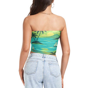 Top de tubo sin tirantes con estampado de playa tropical para mujer, top bandeau con estampado de atardecer, ropa a precio económico con personalización. - Product Image 2