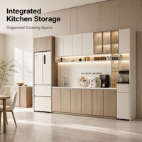 Système d'armoires de cuisine intégré en panneaux de bois modernes avec portes vitrées et rangement pour appareils électroménagers pour hôtels et écoles