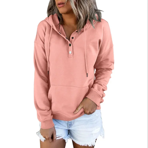 2026 Fashion Trend Long Sleeve Loose Casual V-collar Button Hooded Drawstring Pocket Hoodie - Product Image 3