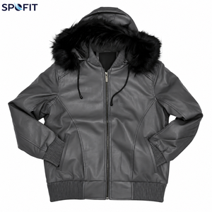 High Quality <b>Red</b> Hooded <b>Leather</b> <b>Jacket</b> <b>Men</b> Casual Winter Zip Up Biker Coat with Fur Trim Regular Fit - Product Image 4