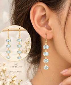 Boucles d'oreilles pendantes mignonnes en argent sterling 925 plaqué or 18 carats avec topaze bleue naturelle taille ovale facettée et sertissage clos, idéales pour les fiançailles et les fêtes - Product Image 3