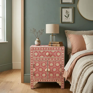 Mesa de Noche Geométrica Floral con Incrustaciones de Hueso Rosa Pálido Hecha a Mano, Mesa de Dormitorio de Lujo - Product Image 2