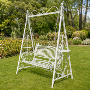 White Wrought Iron Garden Swing Bench With Chains Ornate Outdoor Patio Jhula With Side <b>Shelves</b> For Lawn Porch Furniture - Product Image 3
