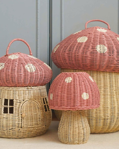 Cute Mushroom Wicker Storage <b>Basket</b> with Lid Kids Decorative Organizer for Nursery Playroom Toy Storage Natural Rattan <b>Basket</b> - Product Image 4