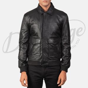 Chaqueta de Cuero al por Mayor Raven Black Nappa Aviator con Cuello de Piel Sintética Tonal y Bolsillos Cargo con Doble Solapa y Botones - Product Image 3