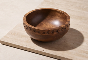 Walnut Stained <b>Mango</b> <b>Wood</b> Serving <b>Bowl</b> Wooden Salad <b>Bowl</b> with Hand Carved Chevron Pattern Exterior Rim - Product Image 5
