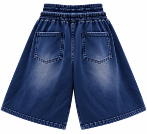 Oversized Double Waist Acid Wash French Terry <b>3</b>/<b>4</b> Sweat <b>Shorts</b> Navy Blue - Product Image 5