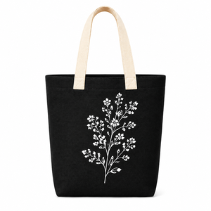 Sac fourre-tout en jute noir avec imprimé floral blanc, poignées crème, style minimaliste, toutes saisons - Product Image 1