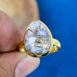 Handmade Natural Ethiopian <b>Opal</b> Copper Pear Shape Gemstone 18k Gold Micron Over 925 Sterling <b>Silver</b> <b>Ring</b> - Product Image 3