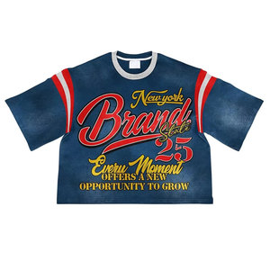 เสื้อยืดโอเวอร์ไซส์ทรงครอปสำหรับผู้ชาย แบรนด์ใหม่ พิมพ์ลายตัวอักษร แขนสั้น คอโอ แต่งขอบตัดกัน ผ้าถัก สไตล์ลำลอง - Product Image 3