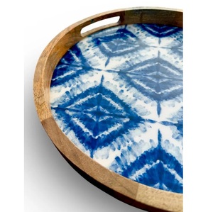 Bandeja de Servir Redonda de Madera Hecha a Mano con Diseño Impreso Azul, Bandeja Decorativa para Café - Product Image 5