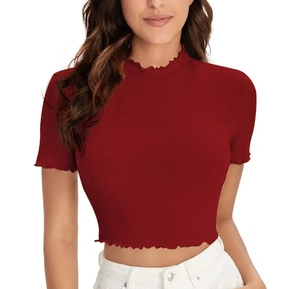 T-shirt court côtelé pour femme, coupe ajustée, manches courtes, bordure festonnée, grammage lourd, écologique, idéal pour l'été - Product Image 3