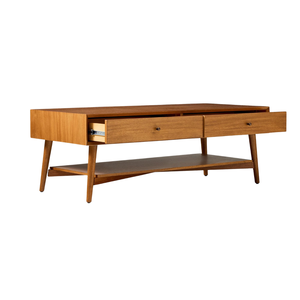 Premium Solid Teak <b>Coffee</b> <b>Table</b> Mid Century Modern Rectangular Design with Dual Drawers Open Storage and Tapered <b>Legs</b> - Product Image 2