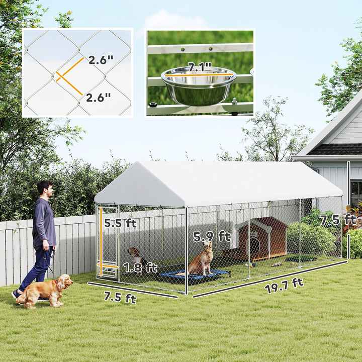 Outdoor Dog Kennel with Adjustable Rotatable Bowl Rack Waterproof UV-Resistant Cover Secure Lock 19.7' X 7.5' X 7.5'-Pet Cage