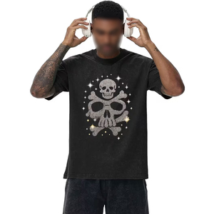 เสื้อยืดวินเทจลายหัวกะโหลกสีดำประดับคริสตัล รุ่นขายดีที่สุดสำหรับผู้ชาย ทรงโอเวอร์ไซส์ ล้างสีแบบแอซิด ตกแต่งด้วยคริสตัลรูปดาว สไตล์สตรีทแวร์ - Product Image 1