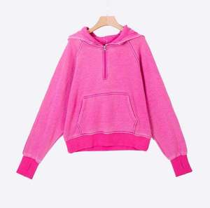 Custom Wholesale Vintage Wash <b>Pink</b> Half-Zip Hoodie Casual Fleece <b>Sweatshirt</b> with Kangaroo Pocket and Raglan Sleeves for Women - Product Image 4