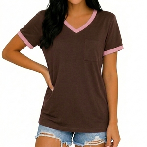Women V Neck T-Shirt Brown With Pink Trim Pocket Casual Loose Fit Short Sleeve Cotton <b>Top</b> Spring Summer Style - Product Image 1