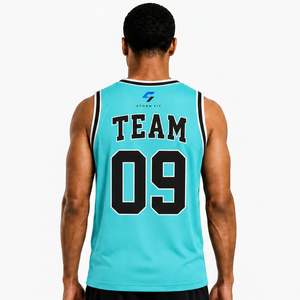 Camiseta de Baloncesto Personalizada para Hombre, Color Turquesa, Cuello en V, Sin Mangas, Impresión Sublimada con Nombre y Número 09, Corte Regular, Malla de Secado Rápido - Product Image 2