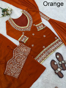 ชุดงานแต่งงานฤดูหนาวสไตล์อินเดีย 3 ชิ้น ชาราร่า ดีวาลี ปักลาย ผ้าไหมเฟนดี้ ยับยาก ไม่ต้องรีด พร้อมกระจกแท้ - Product Image 4