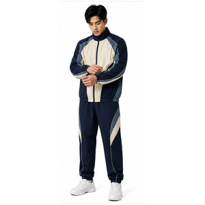 Survêtement pour homme bleu marine et beige, manches longues, fermeture éclair, respirant, sportif, vêtement d'automne, coupe régulière, coupe-vent - Product Image 2