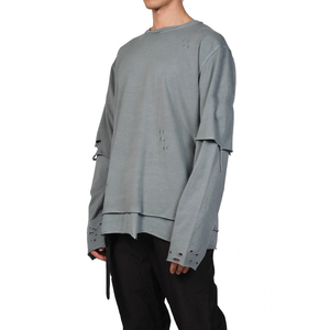 Camisa de hombre desgastada de doble capa con mangas, lisa, de ajuste holgado, estilo casual, con efecto de capas, lavada - Product Image 1