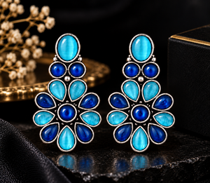 Pendientes de botón de moda con engaste de latón plateado oxidado y ónix azul floral, llamativos para mujer, joyería de fiesta de moda al por mayor - Product Image 4