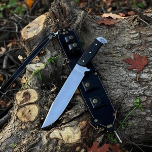 Cuchillo de hoja fija hecho a mano, Full Tang, punta de gota, mango ergonómico de Micarta, hoja de acero inoxidable de 15 pulgadas |   Cuchillo Bowie de Cuero Premium - Product Image 1