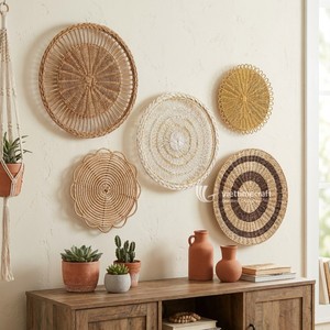 Luxury Minimalist Nordic Bohemian Wicker <b>Wall</b> Shelf Sustainable Round Rattan Mandala Discs for Home <b>Decor</b> Living Room - Product Image 3