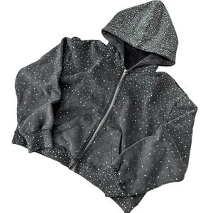 Men's Rhinestone Hooded Sweatshirt Acid Wash Zip Up Hoodie Oversized Streetwear Pullover - Product Image 1