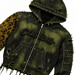 Custom Acid Wash Distressed Denim Hooded <b>Jacket</b> With Leopard Print One Sleeve And Second Sleeve With <b>Rhinestone</b> For Comfort Wear - Product Image 3