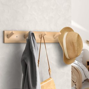Handmade Solid Wood Wall Mounted Coat Rack with 5 Wooden <b>Peg</b> Hooks Entryway Hat Towel <b>Bag</b> Organizer Natural Finish set of 2 - Product Image 4