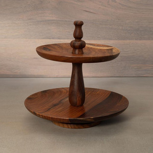 Rustic Wooden Two-Tier <b>Cake</b> <b>Stand</b> Crafted With Natural Dark Wood Grain Turned Central Spindle Pillar Handle For Serving & Decor - Product Image 1