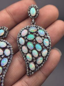 Ethiopian Opal Diamond Earring Pave Diamond Earrings 925 Sterling Silver Handmade <b>Oxidized</b> Dongle Diamond Earring Gift For Her - Product Image 2