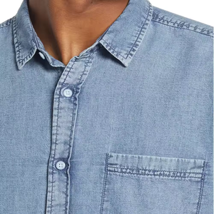 Chemise en jean délavé bleu clair pour homme, en coton, à manches longues, avec poche unique, boutonnée sur le devant, style robuste pour le travail - Product Image 5