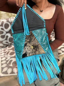 Bolso con flecos de cuero de piel de estilo occidental para mujer, bolso de cuero tallado con herramientas turquesa, bolsos de cuero de estilo bohemio - Product Image 6