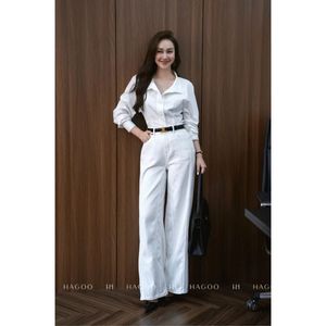 Q746 <b>White</b> High Waist <b>Wide</b> <b>Leg</b> Breathable Casual Washed Denim Loose Fit 4 Pocket Full Length <b>Women</b> <b>Trousers</b> - Product Image 3